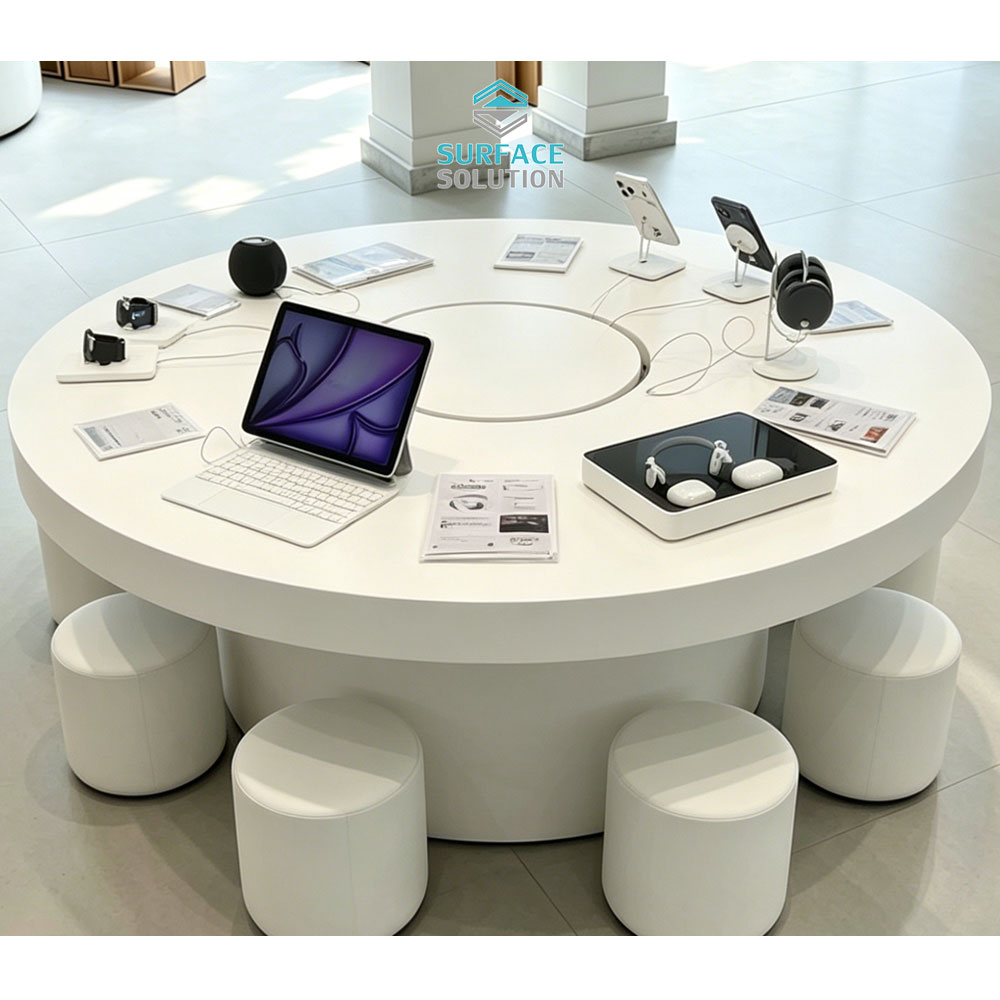 Factory Customized White Color Acrylic Solid Surface Sheet Material Round Mobile Phone Display Counter Top