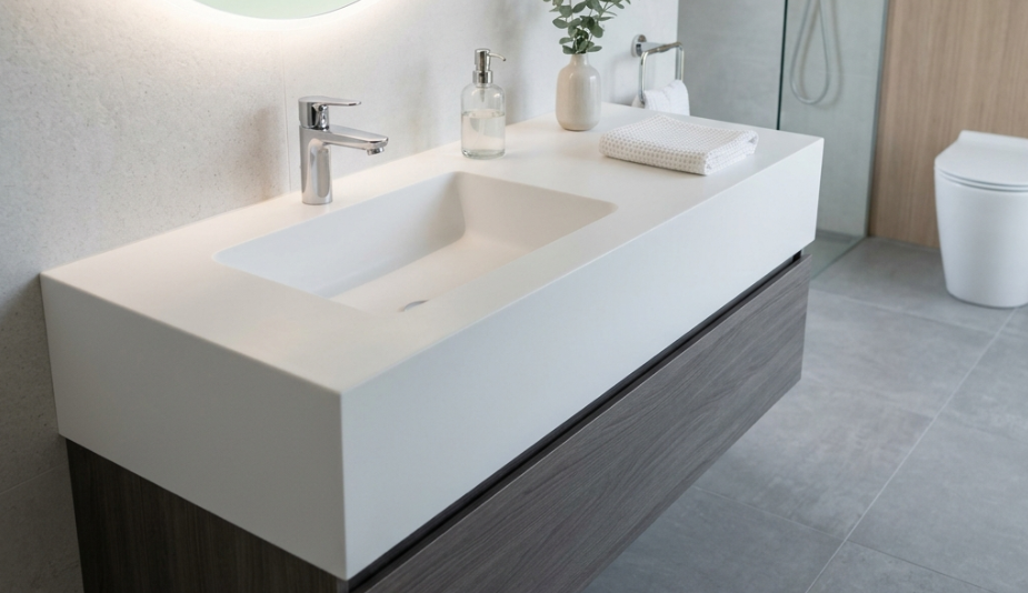 Waschtischplatte aus Mineralwerkstoff mit Waschbecken
