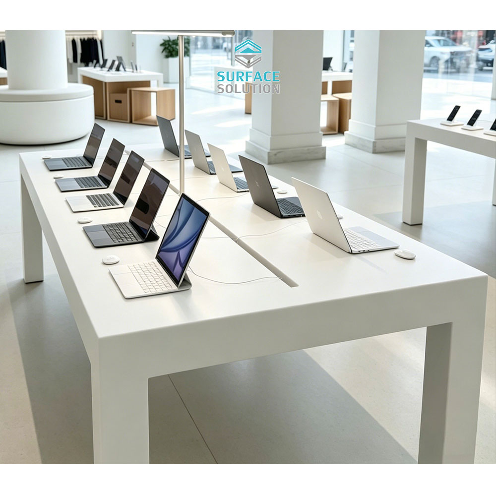 Factory Customized White Color Acrylic Solid Surface Sheet Material Mobile Phone Display Counter Table for Shop