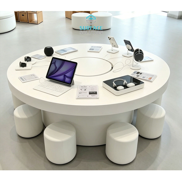 Factory Customized White Color Acrylic Solid Surface Sheet Material Round Mobile Phone Display Counter Top