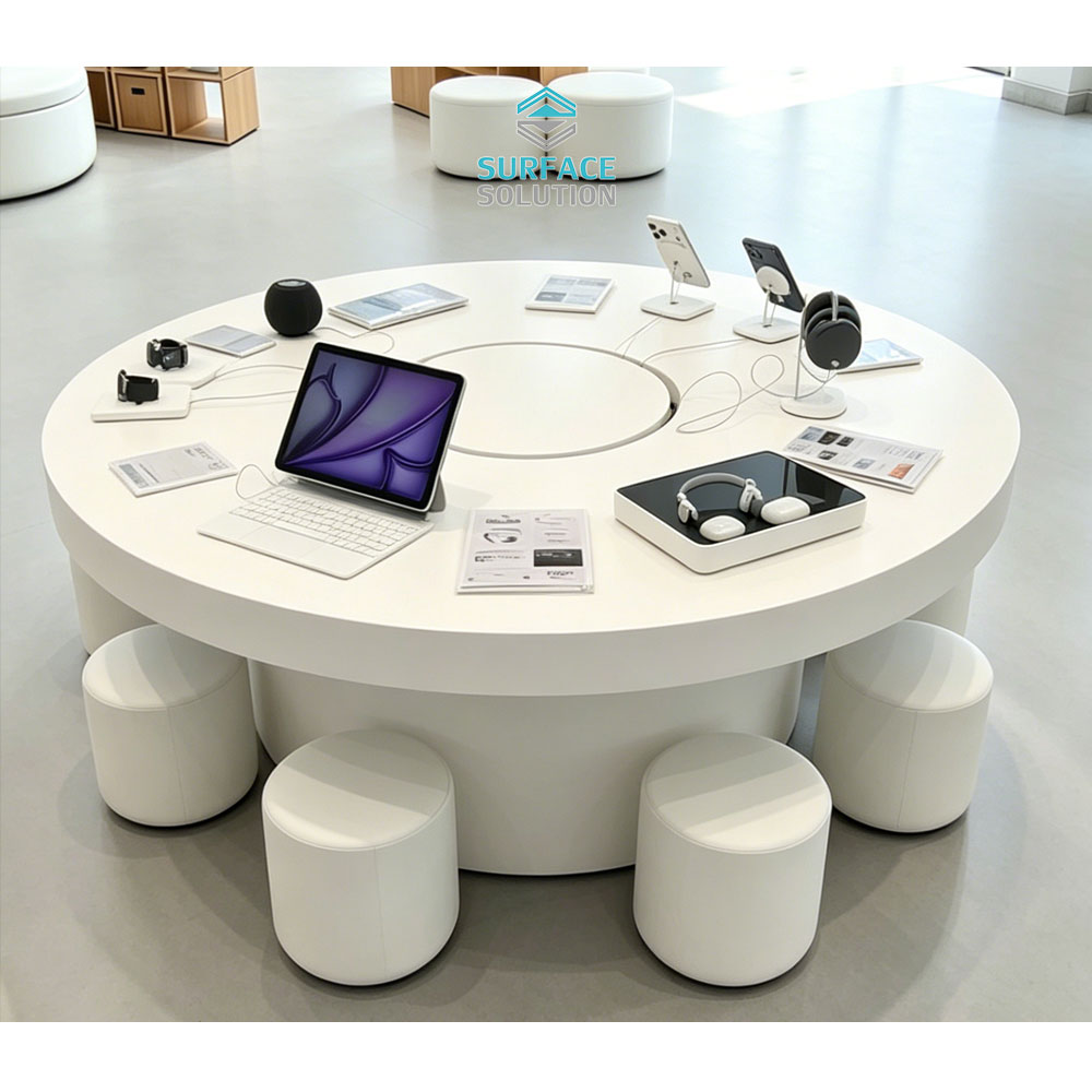 Factory Customized White Color Acrylic Solid Surface Sheet Material Round Mobile Phone Display Counter Top